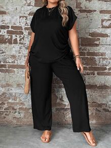 SHEIN LUNE Plus Drawstring Side Batwing Sleeve Tee & Wide Leg Trousers - Black - View 1