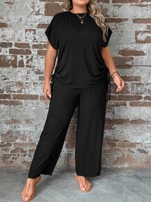SHEIN LUNE Plus Drawstring Side Batwing Sleeve Tee & Wide Leg Trousers - Black - View 3