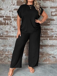 SHEIN LUNE Plus Drawstring Side Batwing Sleeve Tee & Wide Leg Trousers - Black - View 4