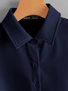 SHEIN LUNE Solid Button Front Sleeveless Shirt - Navy Blue - View 4