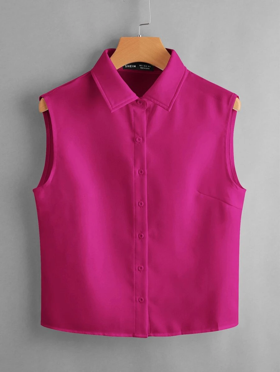 SHEIN LUNE 纯色纽扣前开襟无袖衬衫，休闲款