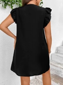 SHEIN LUNE 大碼蕾絲拼接蝴蝶袖連衣裙 - 黑色 - 查看 2