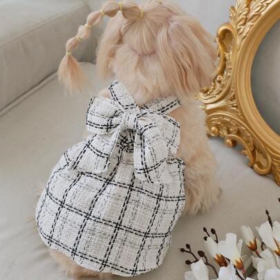 1入組格紋圖案蝴蝶結裝飾寵物連衣裙