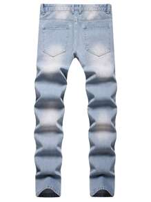 Men Ripped Frayed Bleach Wash Jeans - Light Wash - View 2