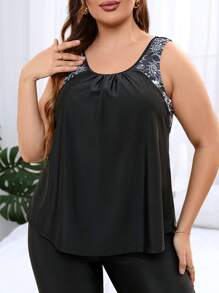 Swim Lushoire Summer Beach Plus Paisley Print Tankini Top - Black - View 1