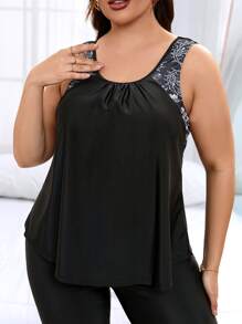 Swim Lushoire Summer Beach Plus Paisley Print Tankini Top - Black - View 3