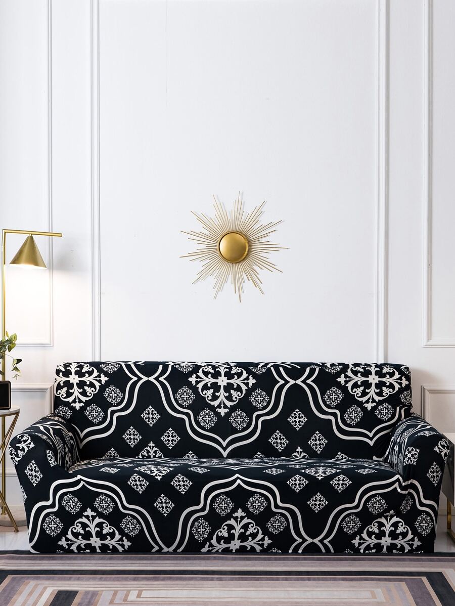 1入組幾何圖案沙發套，無填充物，現代滌綸防塵沙發套 - 黑與白 - 查看 1