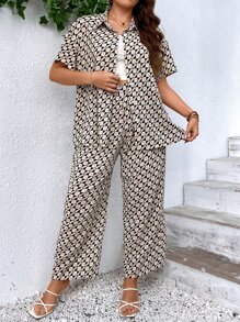 SHEIN Clasi Plus Allover Print Shirt & Trousers - Multicolor - View 5