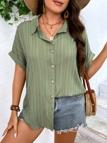 SHEIN LUNE Plus Batwing Sleeve Button Front Shirt - Army Green - View 1