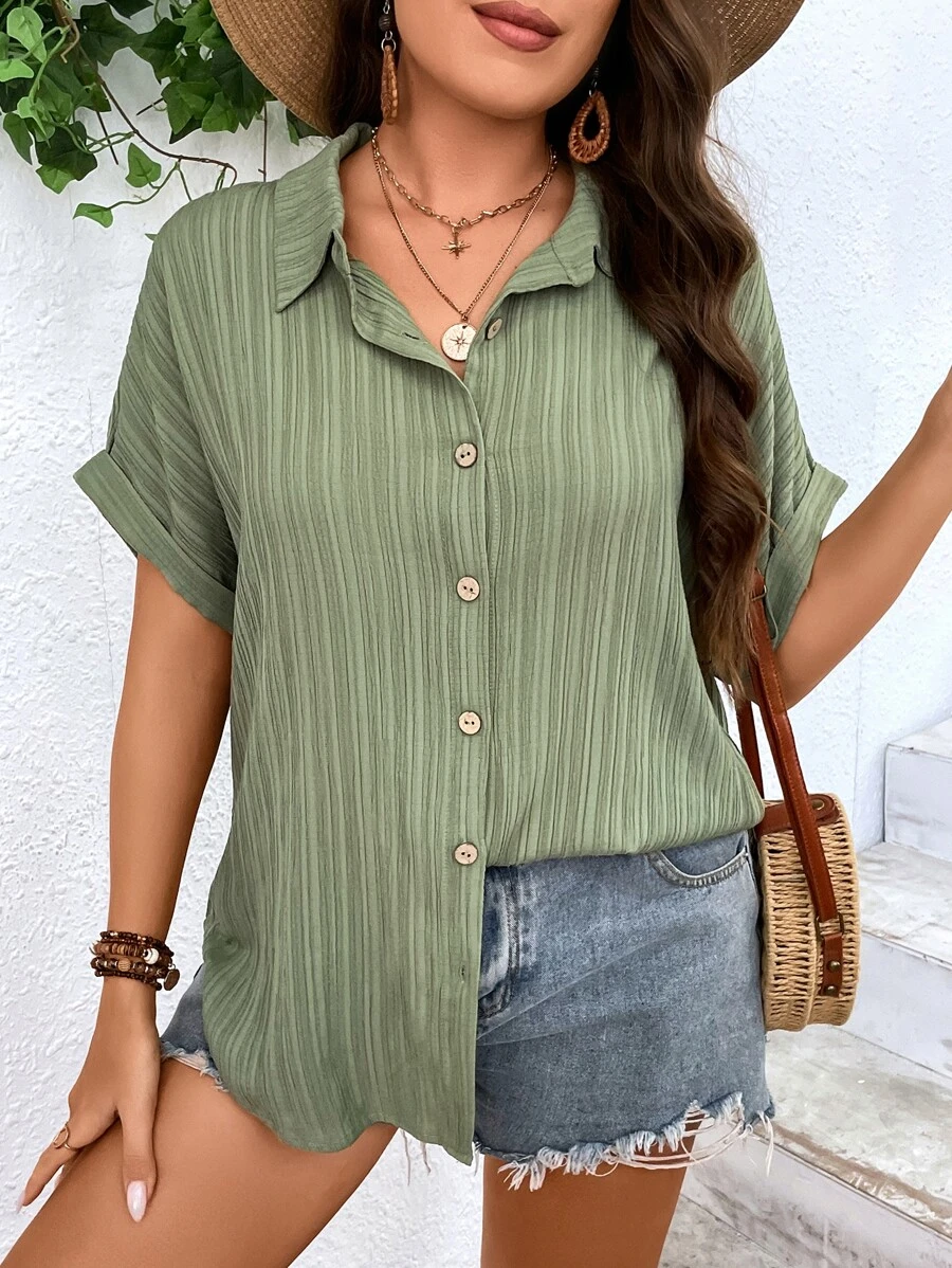 SHEIN LUNE Plus Batwing Sleeve Button Front Shirt - Army Green - View 1