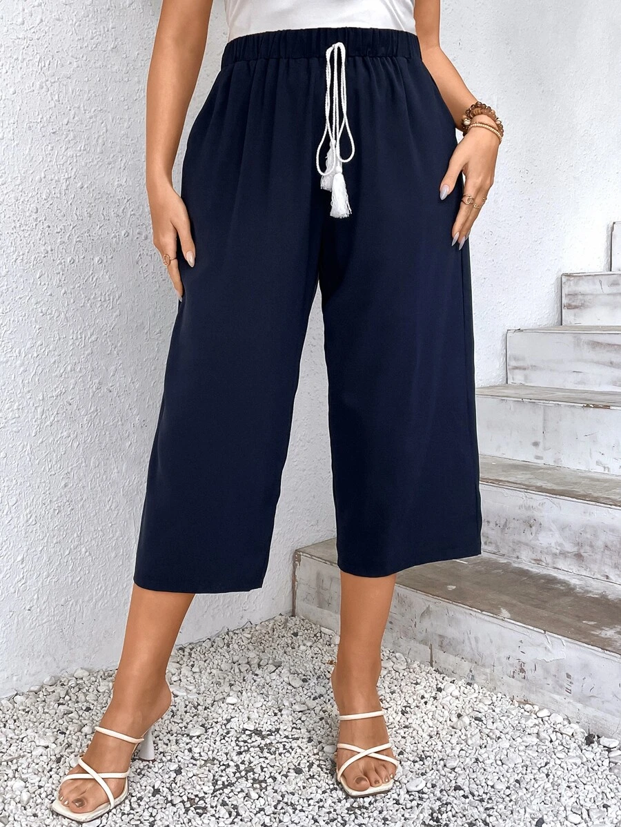 EMERY ROSE Quần Plus Size mép Thắt nơ trước màu trơn Boho - Màu xanh hải quân - Xem 1