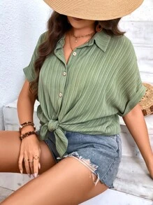 SHEIN LUNE Plus Batwing Sleeve Button Front Shirt - Army Green - View 6