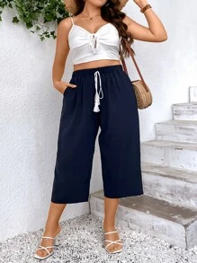 EMERY ROSE Quần Plus Size mép Thắt nơ trước màu trơn Boho - Màu xanh hải quân - Xem 3