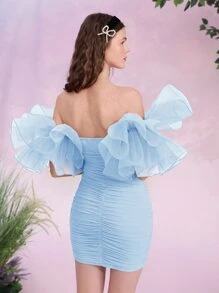 SHEIN MOD 一字肩誇張荷葉邊褶邊網紗緊身連衣裙 - 淺藍色 - 查看 3