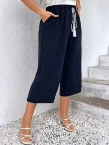 EMERY ROSE Quần Plus Size mép Thắt nơ trước màu trơn Boho - Màu xanh hải quân - Xem 4