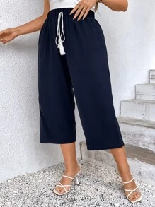 EMERY ROSE Quần Plus Size mép Thắt nơ trước màu trơn Boho - Màu xanh hải quân - Xem 5