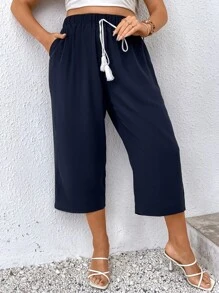 EMERY ROSE Quần Plus Size mép Thắt nơ trước màu trơn Boho - Màu xanh hải quân - Xem 6