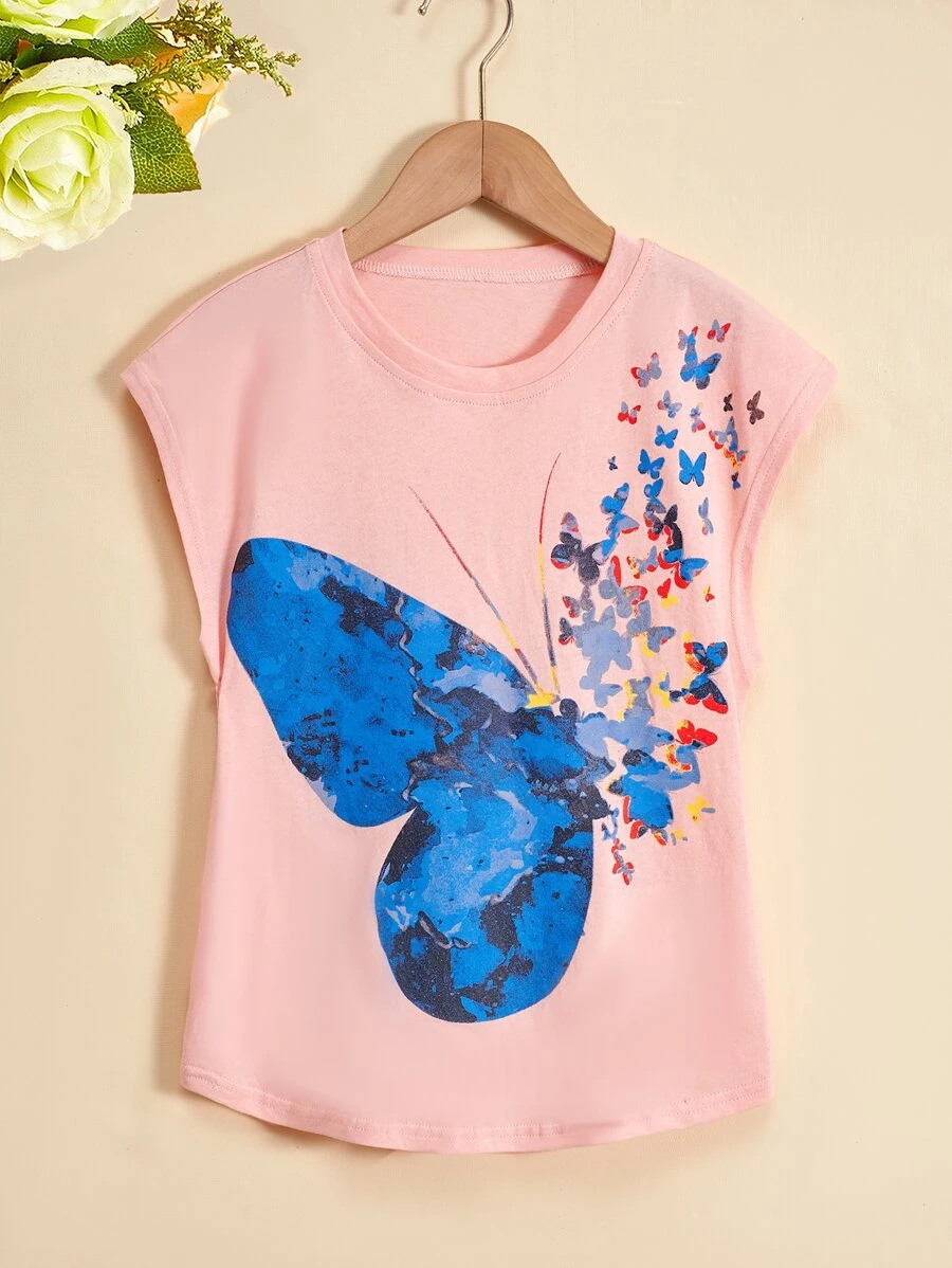 女孩蝴蝶圖案蝙蝠袖弧形下擺T恤 - 淺粉色 - 查看 1