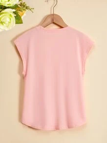 女孩蝴蝶圖案蝙蝠袖弧形下擺T恤 - 淺粉色 - 查看 2