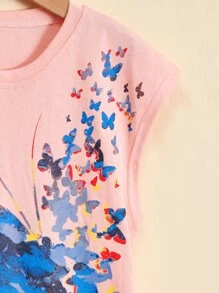 女孩蝴蝶圖案蝙蝠袖弧形下擺T恤 - 淺粉色 - 查看 5