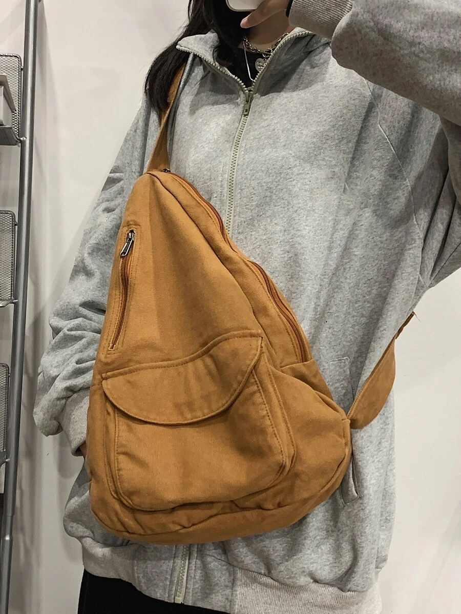 Medium Sling Bag Pocket Front Minimalist - Brown - View 1