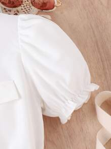 SHEIN 女孩雙色翻蓋細節泡泡袖腰帶襯衫洋裝 - 彩色 - 查看 3