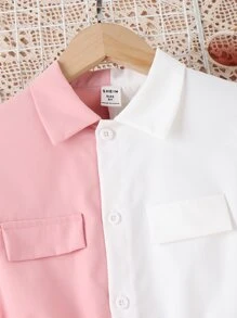 SHEIN 女孩雙色翻蓋細節泡泡袖腰帶襯衫洋裝 - 彩色 - 查看 6