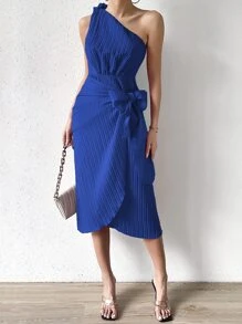 SHEIN Privé 單肩側打結圍裹洋裝 - 寶藍色 - 查看 1