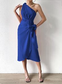 SHEIN Privé 單肩側打結圍裹洋裝 - 寶藍色 - 查看 5