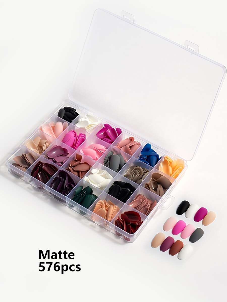 使用576入組中長款芭蕾啞光素色全覆蓋假指甲，女士和女孩壓入式指甲，瞬間提升您裝扮 - 彩色 - 查看 1