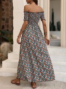 SHEIN LUNE Ditsy Floral Print Off Shoulder Split Thigh Dress - Multicolor - View 2