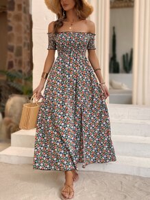 SHEIN LUNE Ditsy Floral Print Off Shoulder Split Thigh Dress - Multicolor - View 3