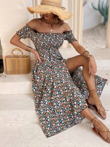 SHEIN LUNE Ditsy Floral Print Off Shoulder Split Thigh Dress - Multicolor - View 6