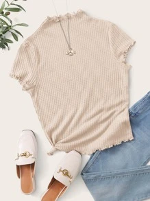 SHEIN Privé 木耳邊華夫格編織T恤 - 杏色 - 查看 1