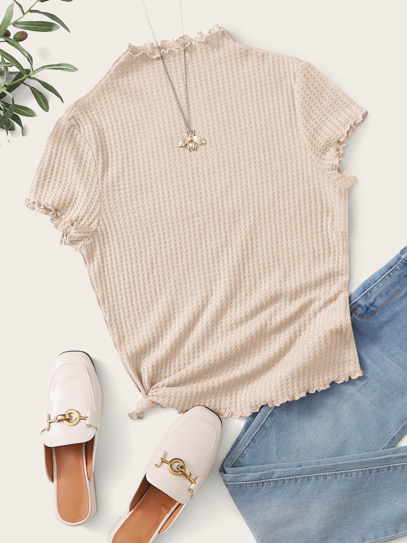 SHEIN Privé 木耳邊華夫格編織T恤 - 杏色 - 查看 1