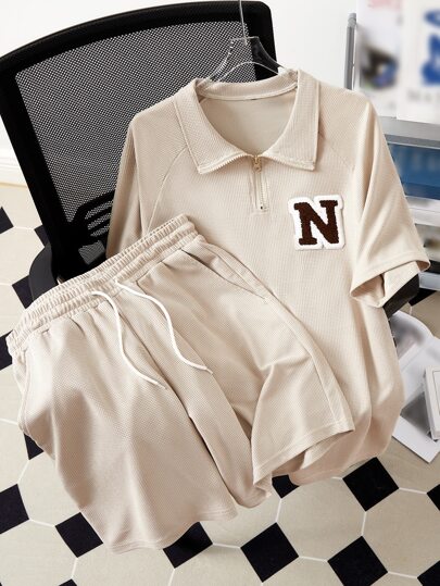 Guys Letter Graphic Raglan Sleeve Quarter Zip Tee & Drawstring Waist Shorts