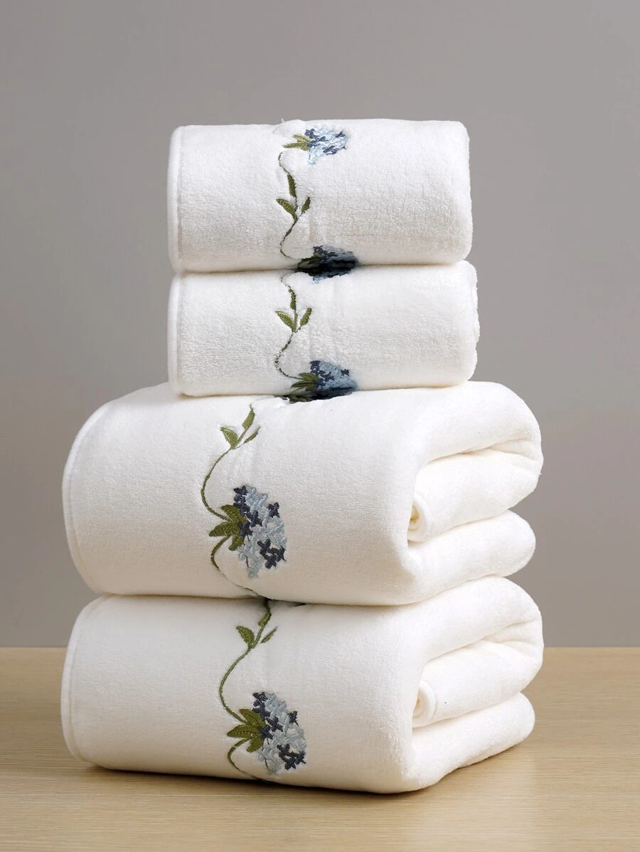 Coral Fleece Exquisite Embroidered Solid Color Bath Towel, Floral Embroidery, Bathroom Towel, Elegant Home Decor Suitable For Bathroom Towel, Hotel, Gym, Travel, Gift, Salon, Sports, Outdoor, Beach, School, Back To School, Travel, Travel Accessories, Home Essentials, Towel, Skin Care - White - View 1