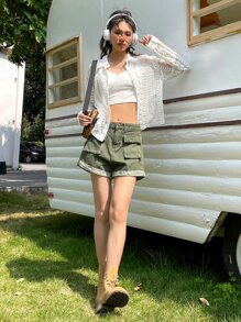 DAZY 纯色纽扣前开衬衫透明长袖上衣 - 白色 - 查看 9