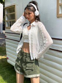 DAZY 纯色纽扣前开衬衫透明长袖上衣 - 白色 - 查看 5