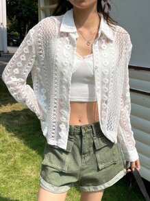 DAZY 纯色纽扣前开衬衫透明长袖上衣 - 白色 - 查看 4