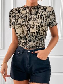 SHEIN Privé Allover Print Mock Neck Crop Tee