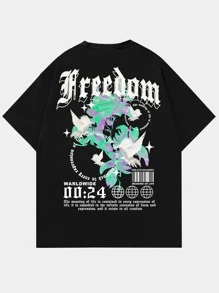 ROMWE MEN Guys Floral & Slogan Graphic Drop Shoulder Tee - Black - View 1