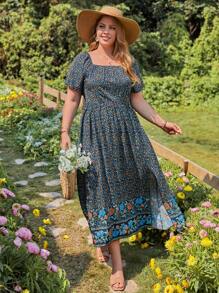 SHEIN VCAY Vestido con estampado floral de cuello cuadrado de muslo con abertura - Multicolor - Ver 1