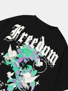 ROMWE MEN Guys Floral & Slogan Graphic Drop Shoulder Tee - Black - View 5