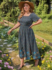 SHEIN VCAY Vestido con estampado floral de cuello cuadrado de muslo con abertura - Multicolor - Ver 3