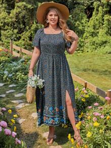 SHEIN VCAY Vestido con estampado floral de cuello cuadrado de muslo con abertura - Multicolor - Ver 4