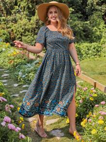 SHEIN VCAY Vestido con estampado floral de cuello cuadrado de muslo con abertura - Multicolor - Ver 5