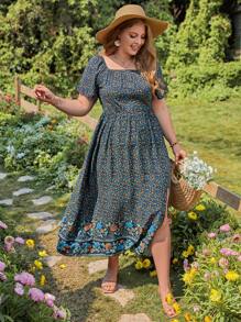 SHEIN VCAY Vestido con estampado floral de cuello cuadrado de muslo con abertura - Multicolor - Ver 6