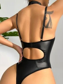 PU皮革背帶鋼圈性感緊身連體衣附項圈 - 黑色 - 查看 2