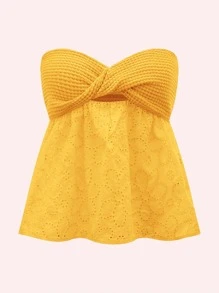 Soleia 前扭結鏤空網眼刺繡抹胸上衣 - 黃色 - 查看 1